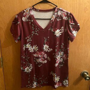 Maroon Floral V neck T-shirt